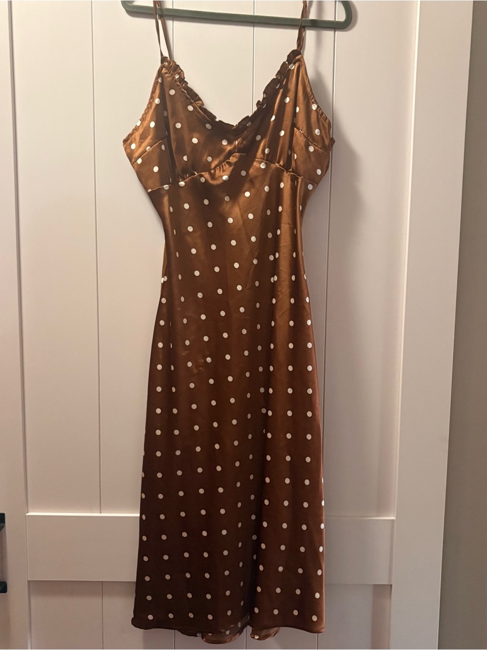 Japna Brown Polka Dot Satin Slip Midi Dress